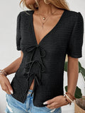 Tie Front Blouse - Stylish V-Neck Top for Effortless Chic - EBYNN