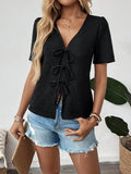 Tie Front Blouse - Stylish V-Neck Top for Effortless Chic - EBYNN