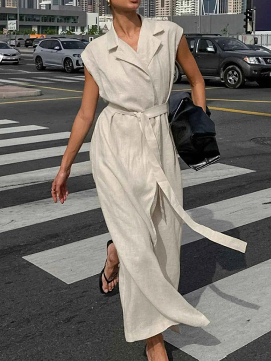 Elegant Tie Waist Cap Sleeve Maxi Dress.