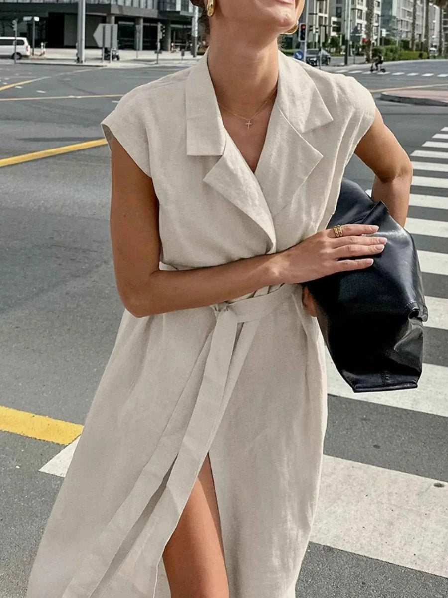 Elegant Tie Waist Cap Sleeve Maxi Dress.