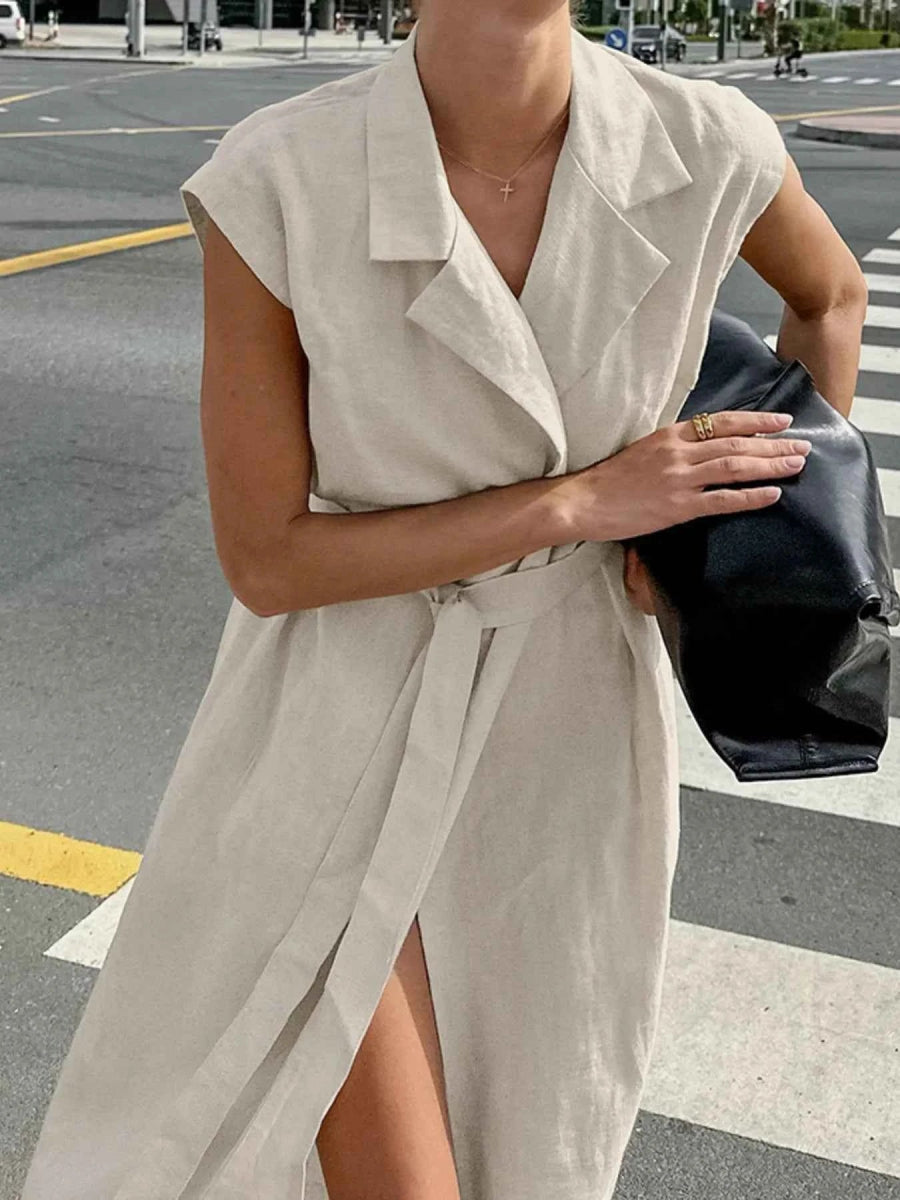 Elegant Tie Waist Cap Sleeve Maxi Dress.