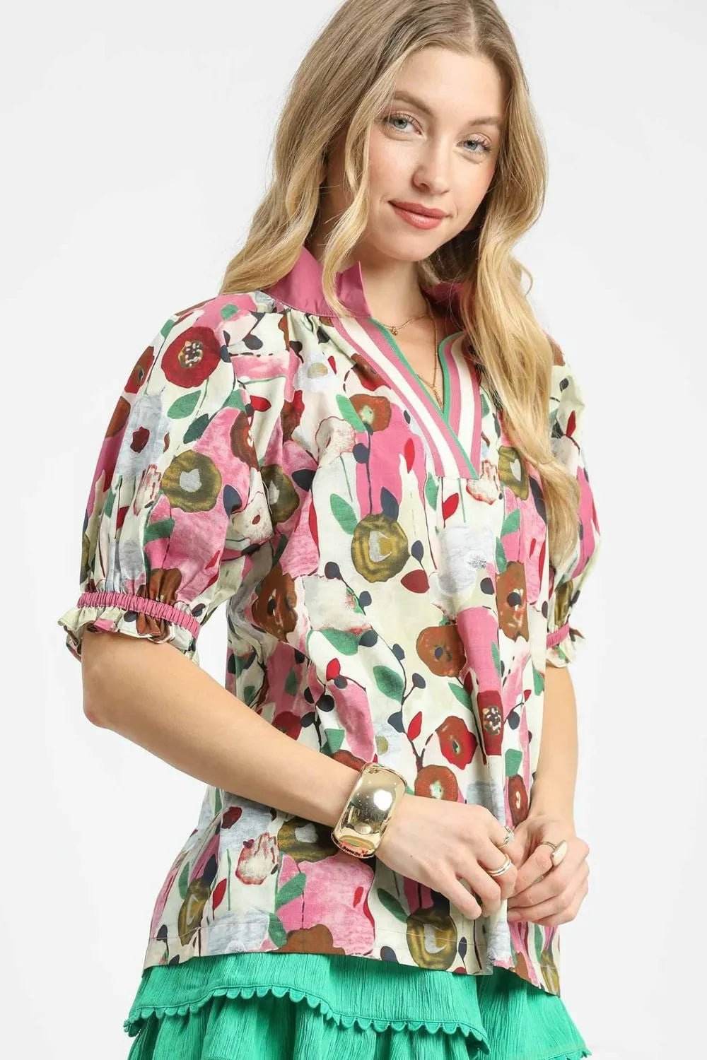 Umgee Floral Blouse - Oversized Puff Sleeve Style - EBYNN