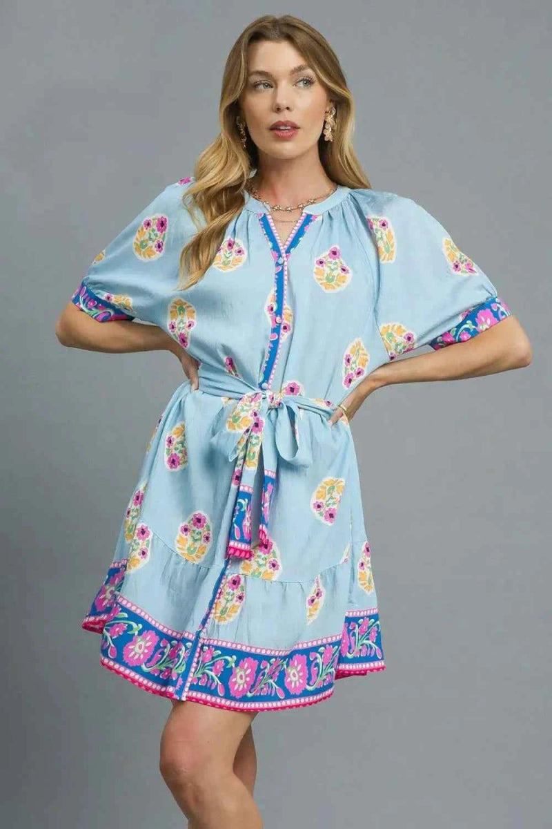 Umgee Floral Print Tie Waist Short Sleeve Dress.
