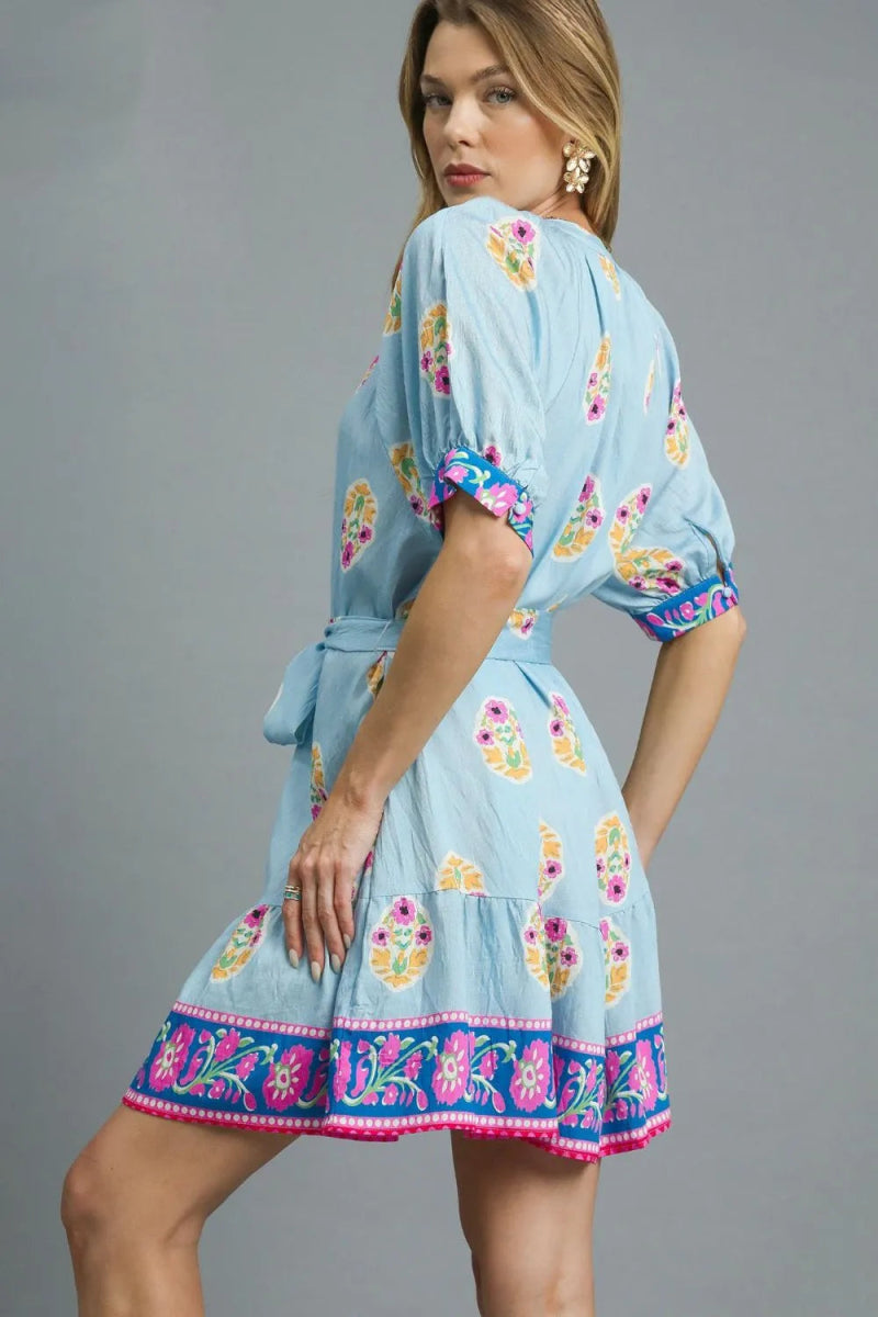Umgee Floral Print Tie Waist Short Sleeve Dress.