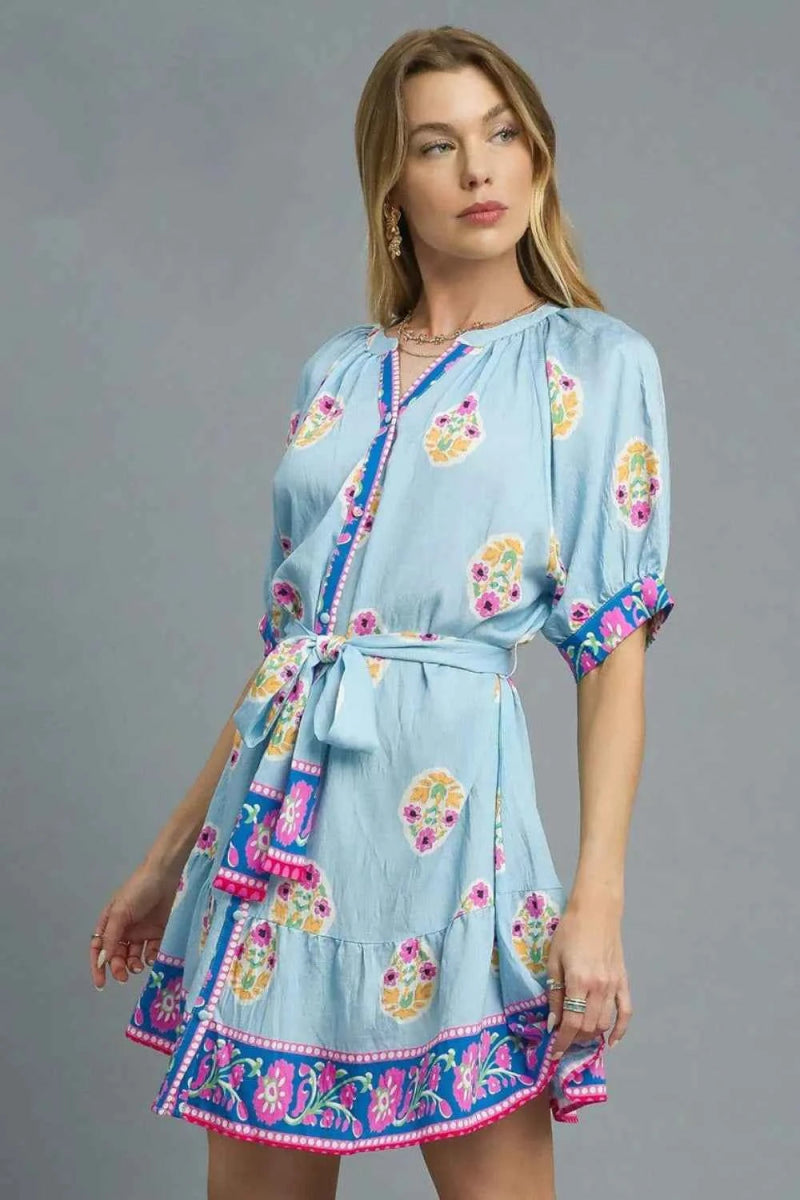 Umgee Floral Print Tie Waist Short Sleeve Dress.