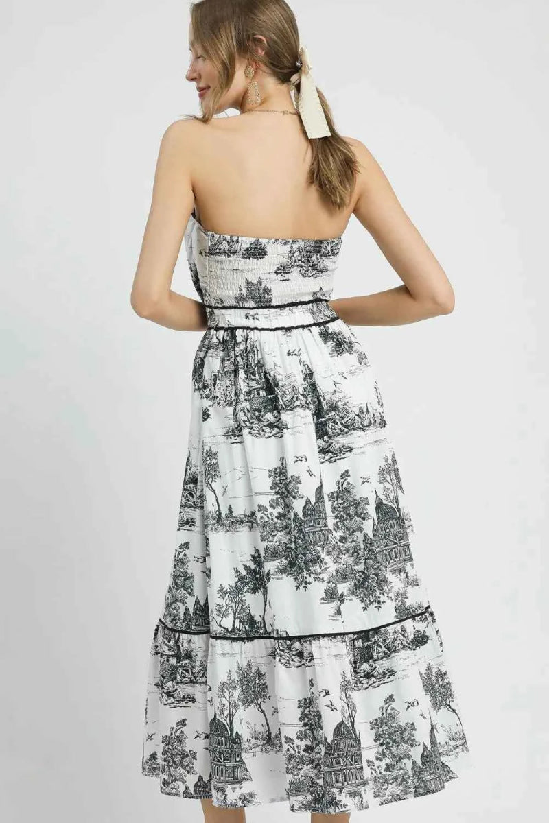 Umgee Printed Tiered Tube Midi Dress.