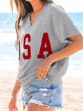 USA Lettering Patch T-Shirt with Notched Neck for Stylish Casual Wear - EBYNN