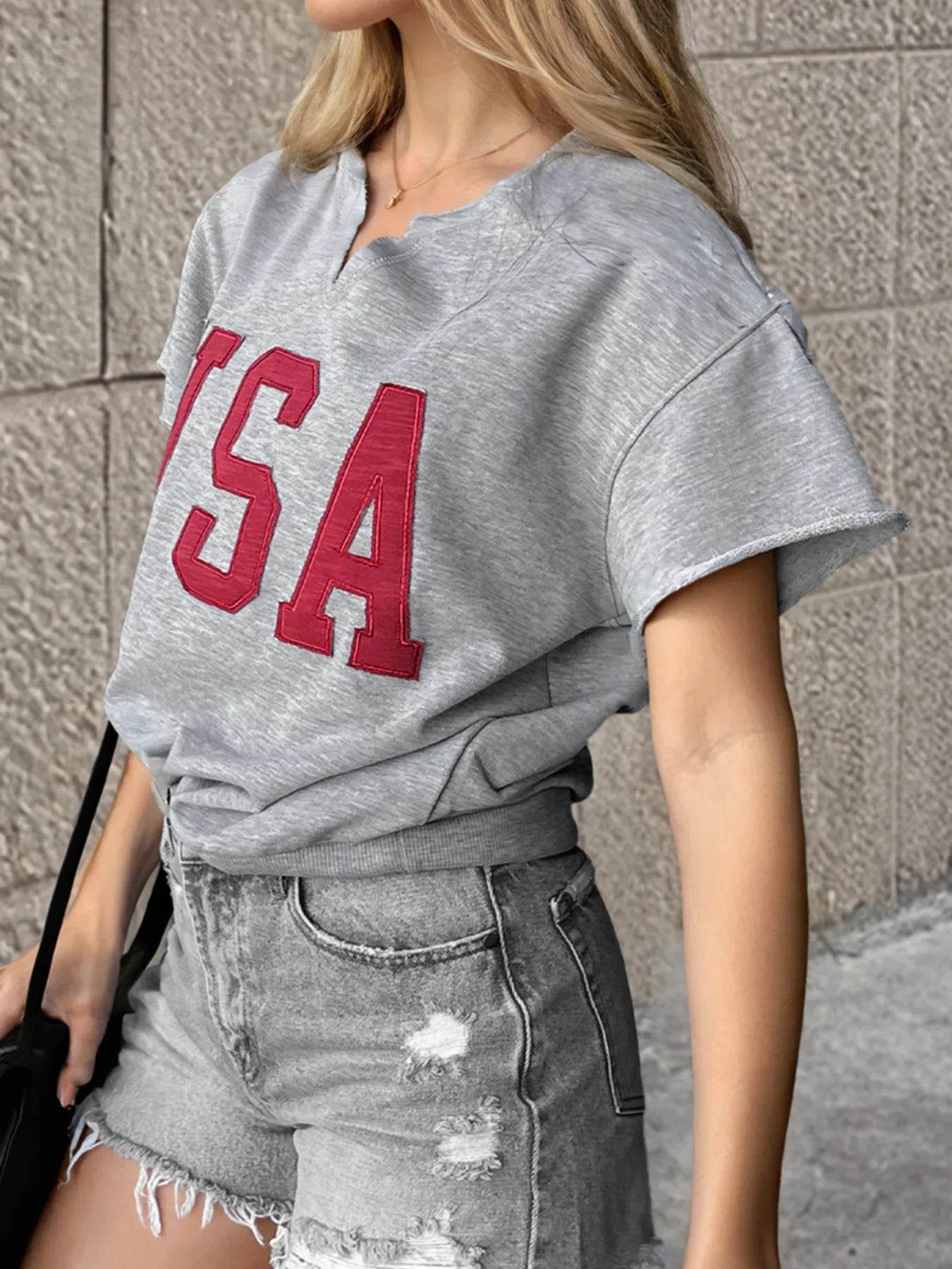 USA Lettering Patch T-Shirt with Notched Neck for Stylish Casual Wear - EBYNN