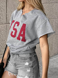USA Lettering Patch T-Shirt with Notched Neck for Stylish Casual Wear - EBYNN