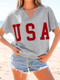 USA Lettering Patch T-Shirt with Notched Neck for Stylish Casual Wear - EBYNN