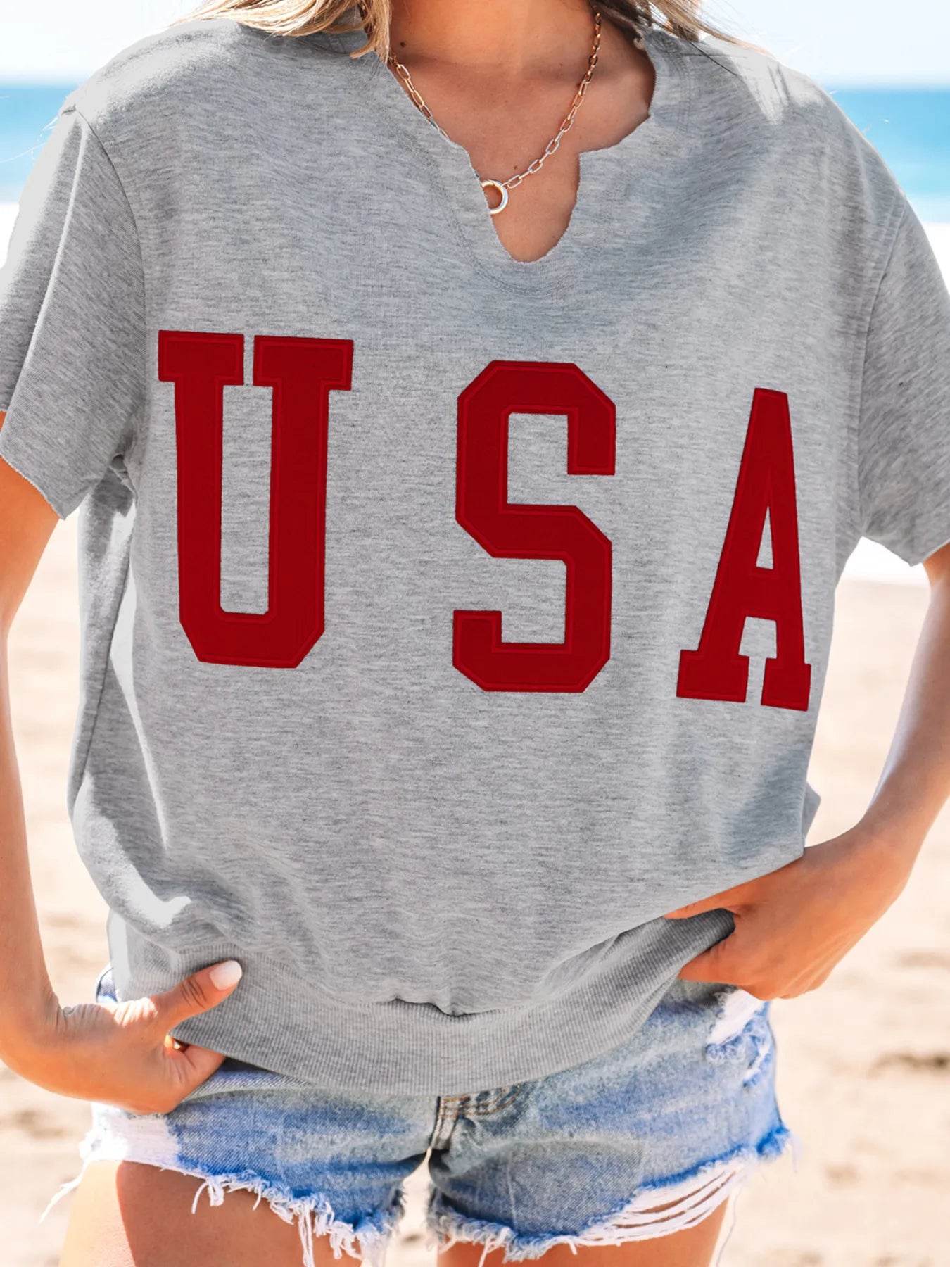 USA Lettering Patch T-Shirt with Notched Neck for Stylish Casual Wear - EBYNN