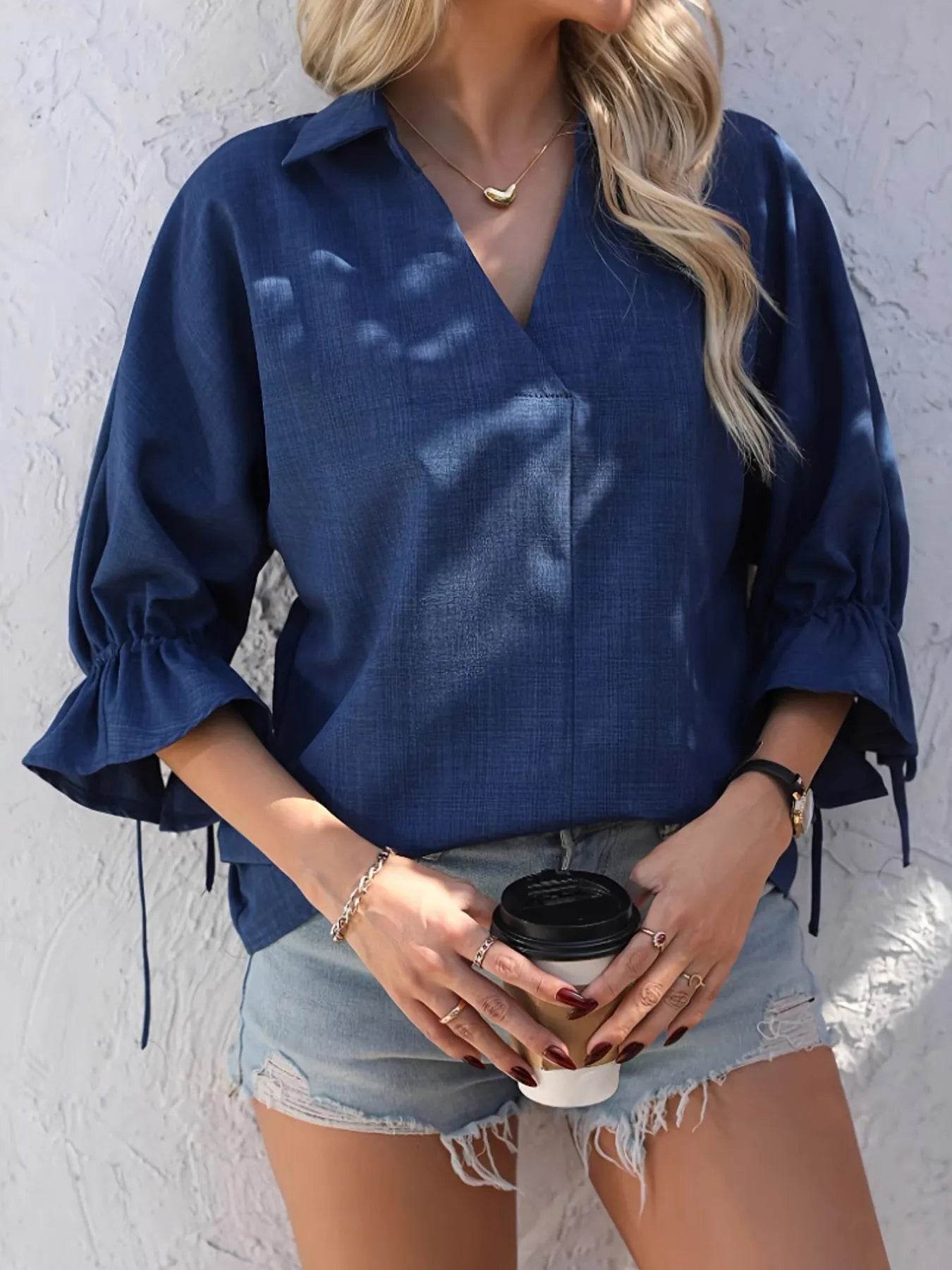 V-Neck Blouse with Ruffle Sleeves for Effortless Elegance - EBYNN