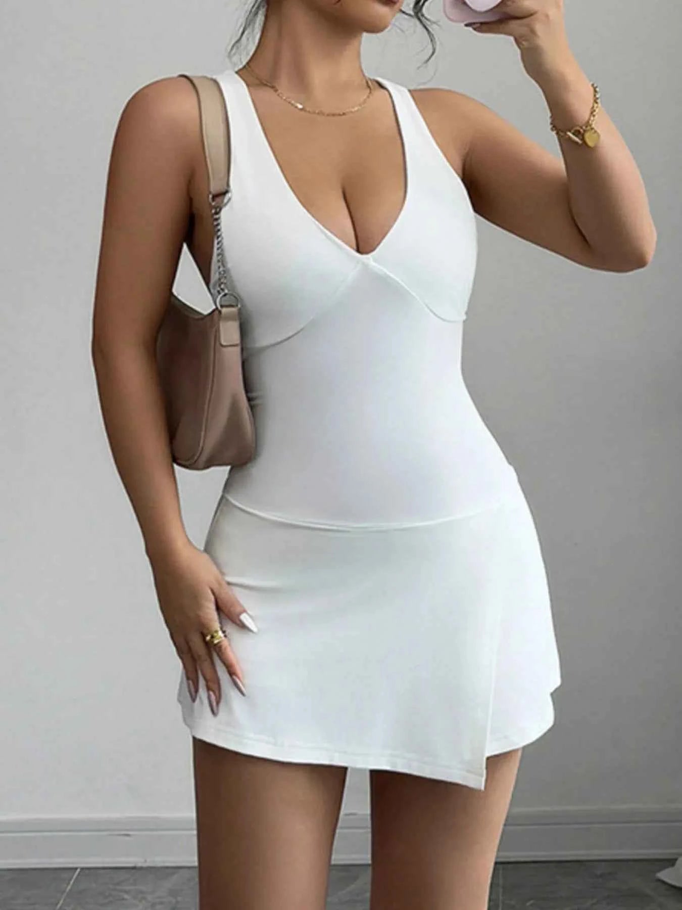 Trendsi Crisscross V-Neck Romper Dress in White.