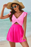 Cutout V-Neck One-Piece Swimsuit with Skirt - EBYNN