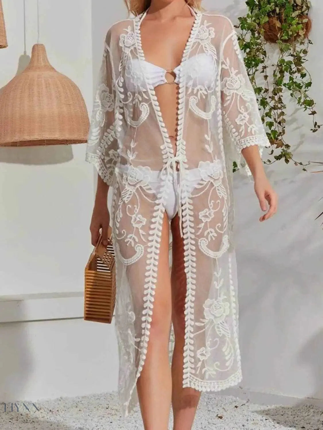 Lace Longline Beach Cover Up Sheer Beachwear - EBYNN