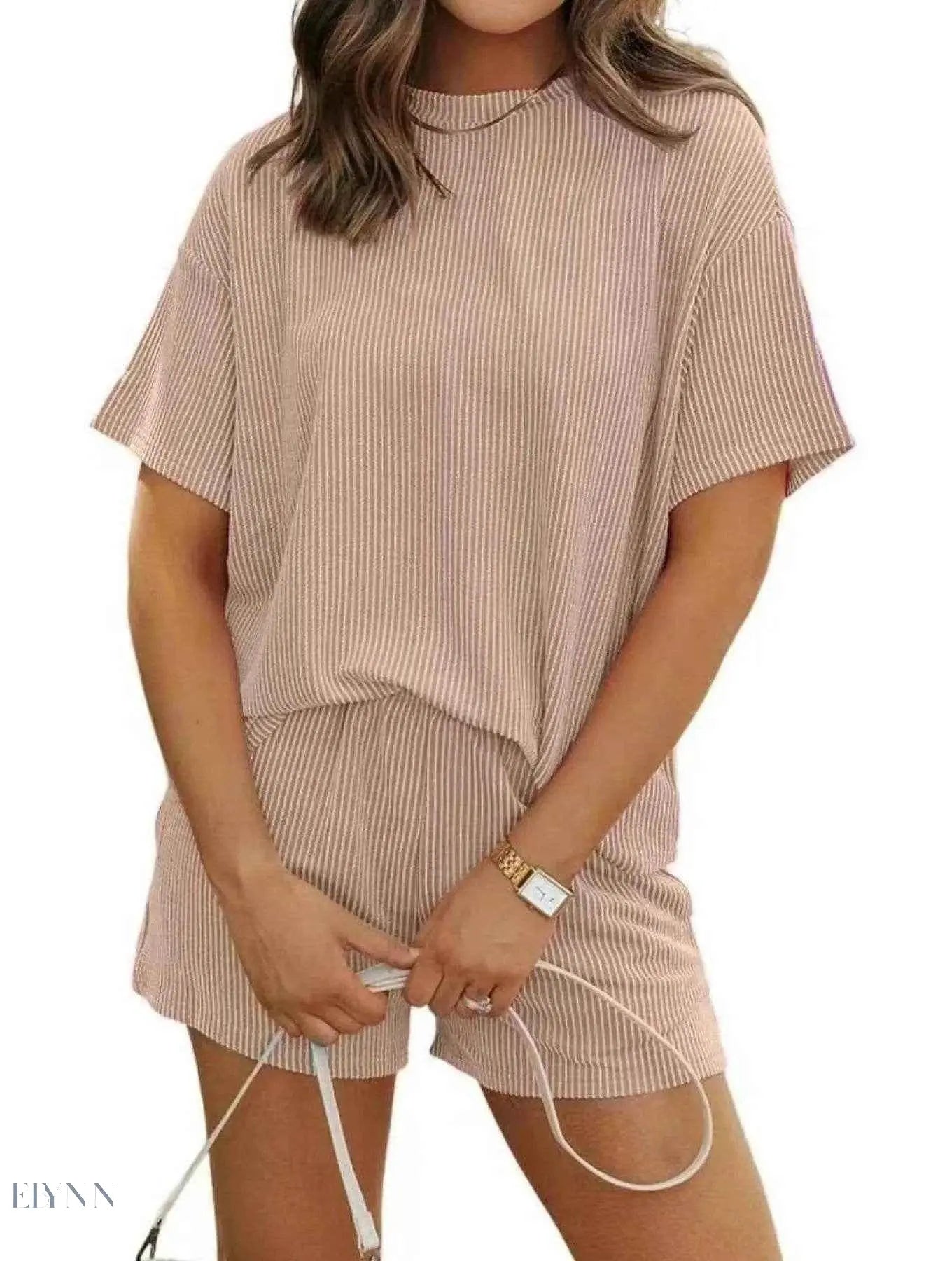 Full Size Ribbed Two-Piece Set: Short Sleeve Top and Shorts - EBYNN