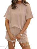 Full Size Ribbed Two-Piece Set: Short Sleeve Top and Shorts - EBYNN