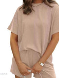 Full Size Ribbed Two-Piece Set: Short Sleeve Top and Shorts - EBYNN