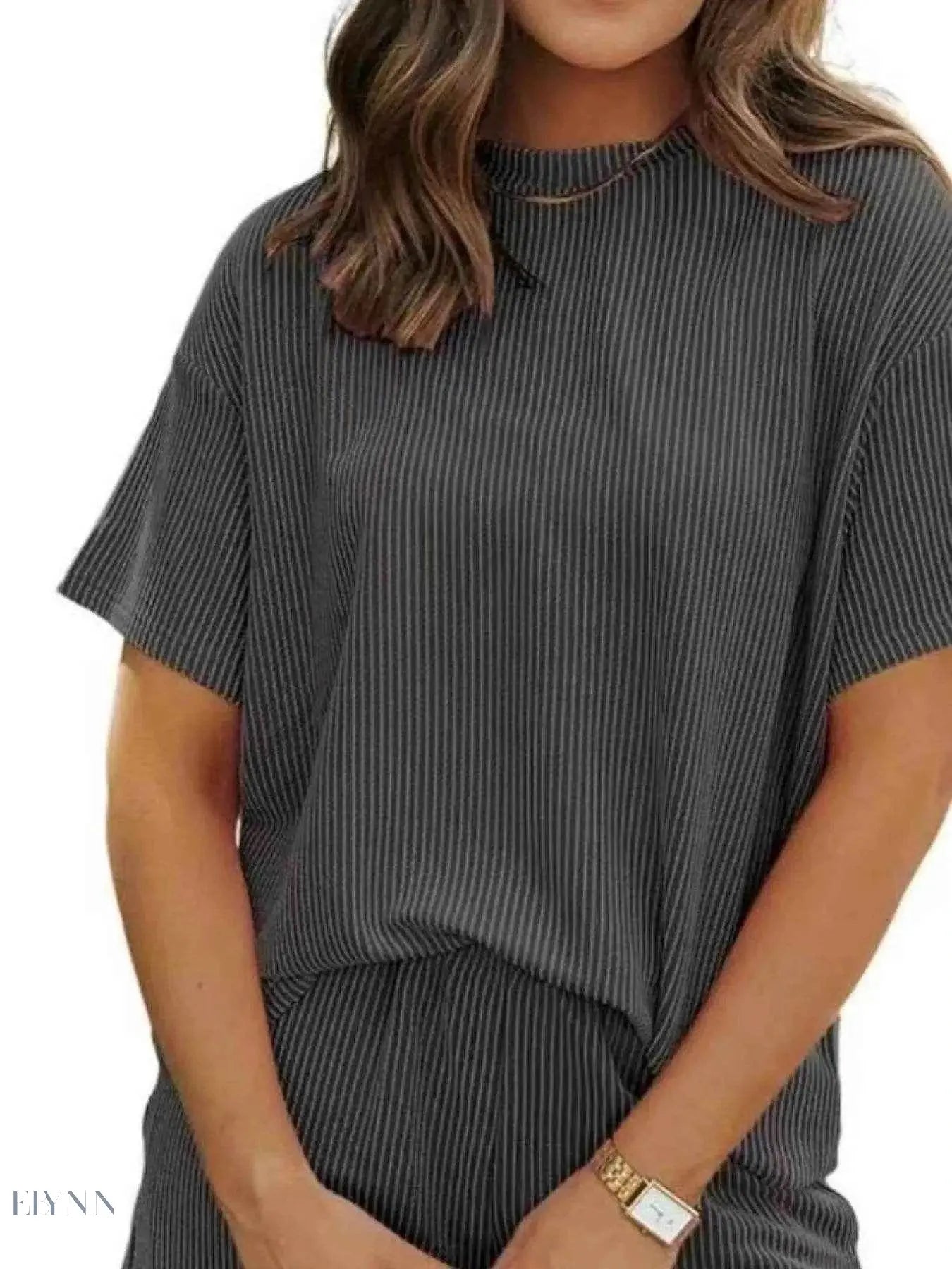 Full Size Ribbed Two-Piece Set: Short Sleeve Top and Shorts - EBYNN