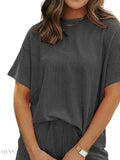 Full Size Ribbed Two-Piece Set: Short Sleeve Top and Shorts - EBYNN