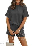 Full Size Ribbed Two-Piece Set: Short Sleeve Top and Shorts - EBYNN