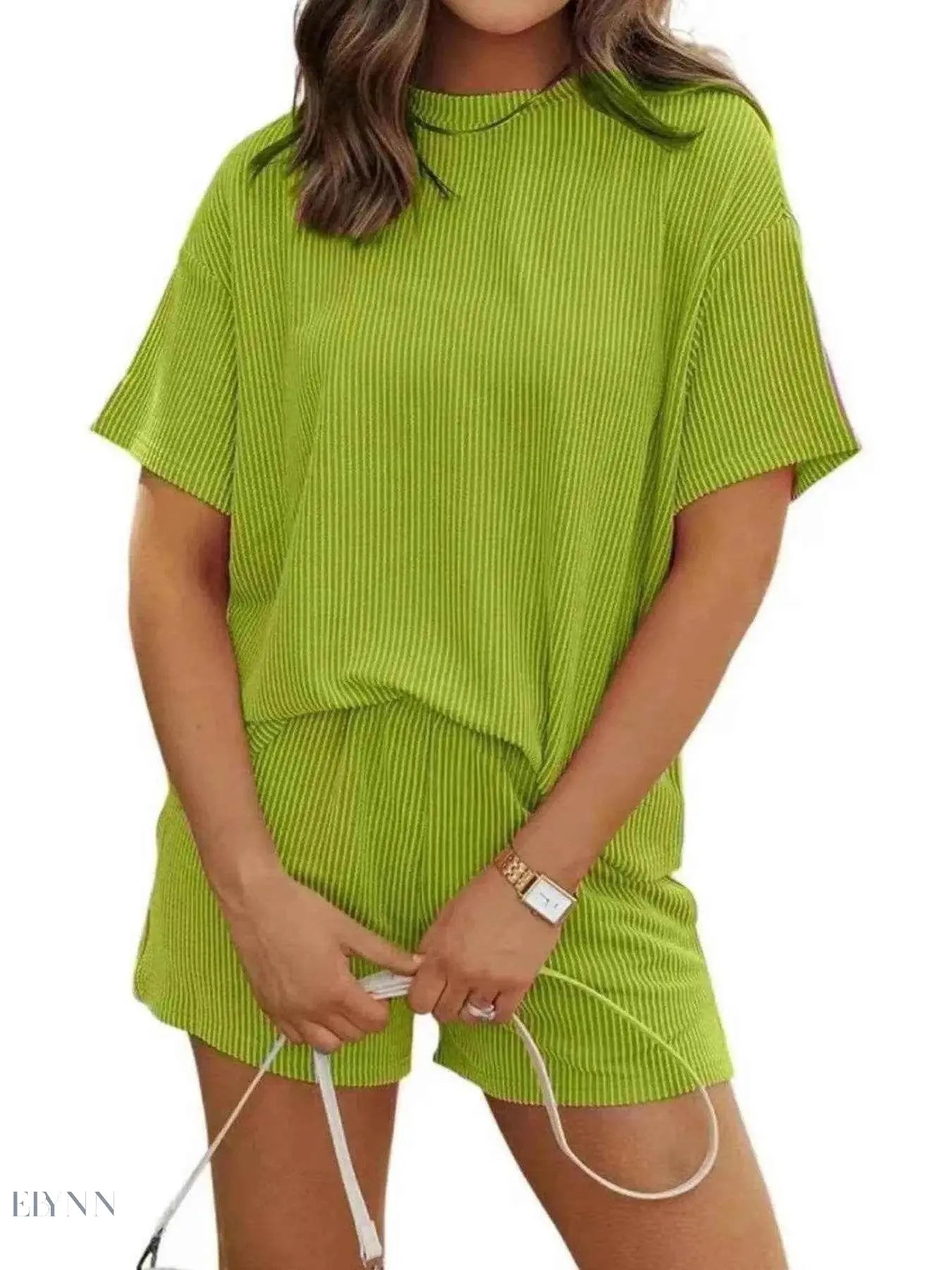 Full Size Ribbed Two-Piece Set: Short Sleeve Top and Shorts - EBYNN