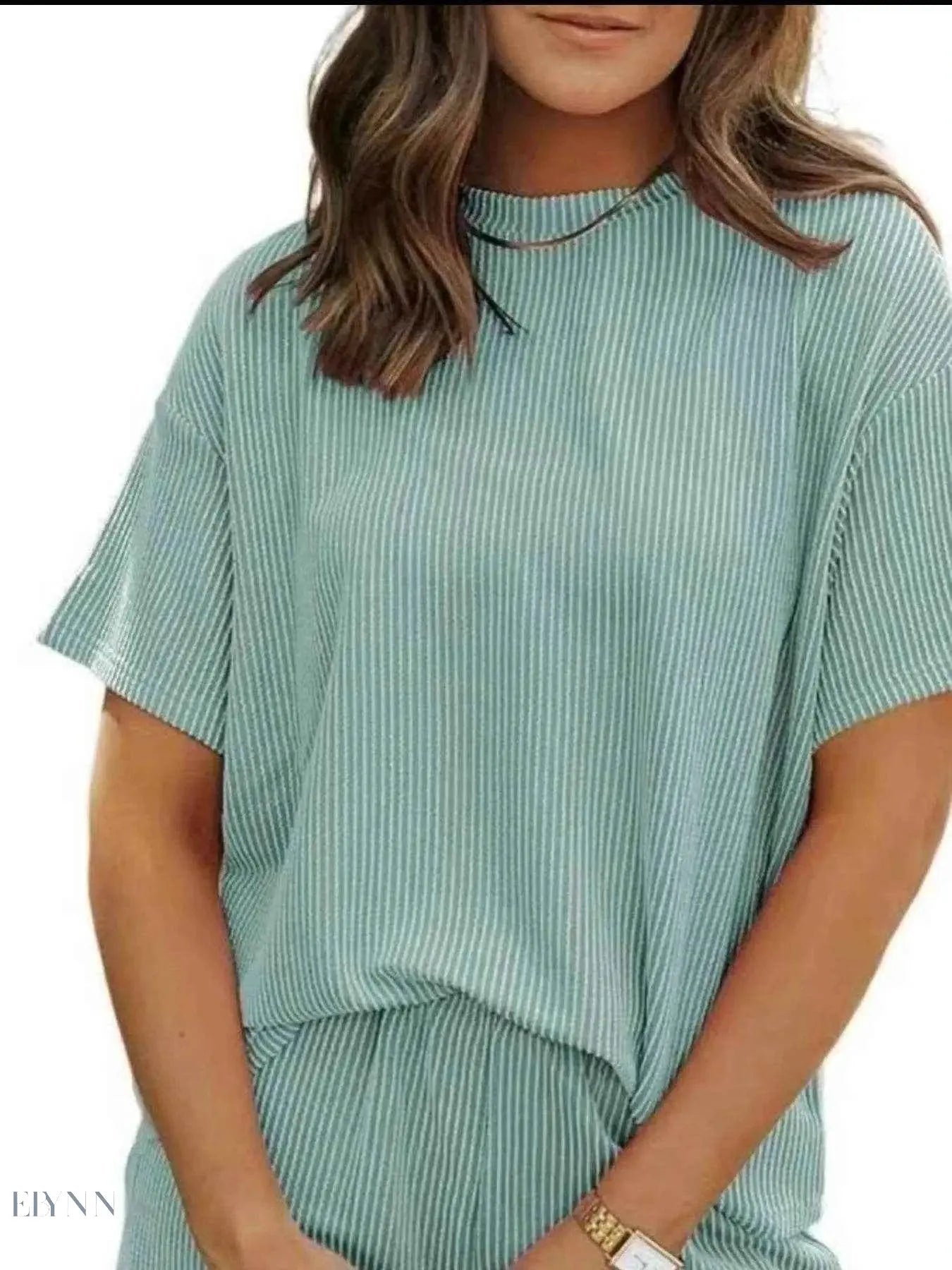 Full Size Ribbed Two-Piece Set: Short Sleeve Top and Shorts - EBYNN