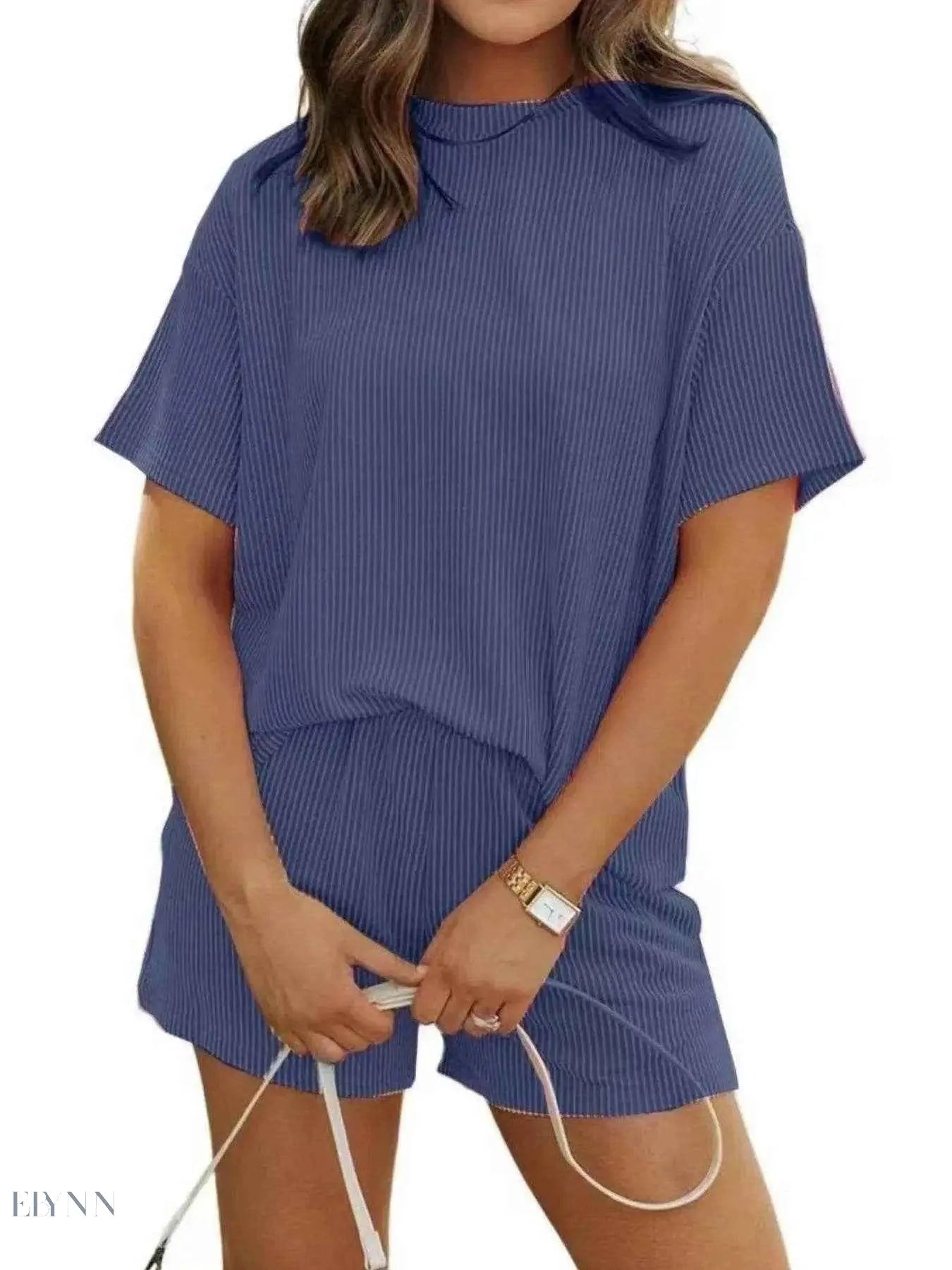 Full Size Ribbed Two-Piece Set: Short Sleeve Top and Shorts - EBYNN