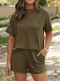 Full Size Ribbed Two-Piece Set: Short Sleeve Top and Shorts - EBYNN