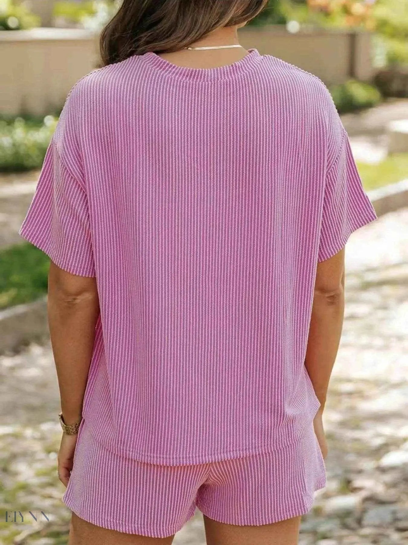 Full Size Ribbed Two-Piece Set: Short Sleeve Top and Shorts - EBYNN