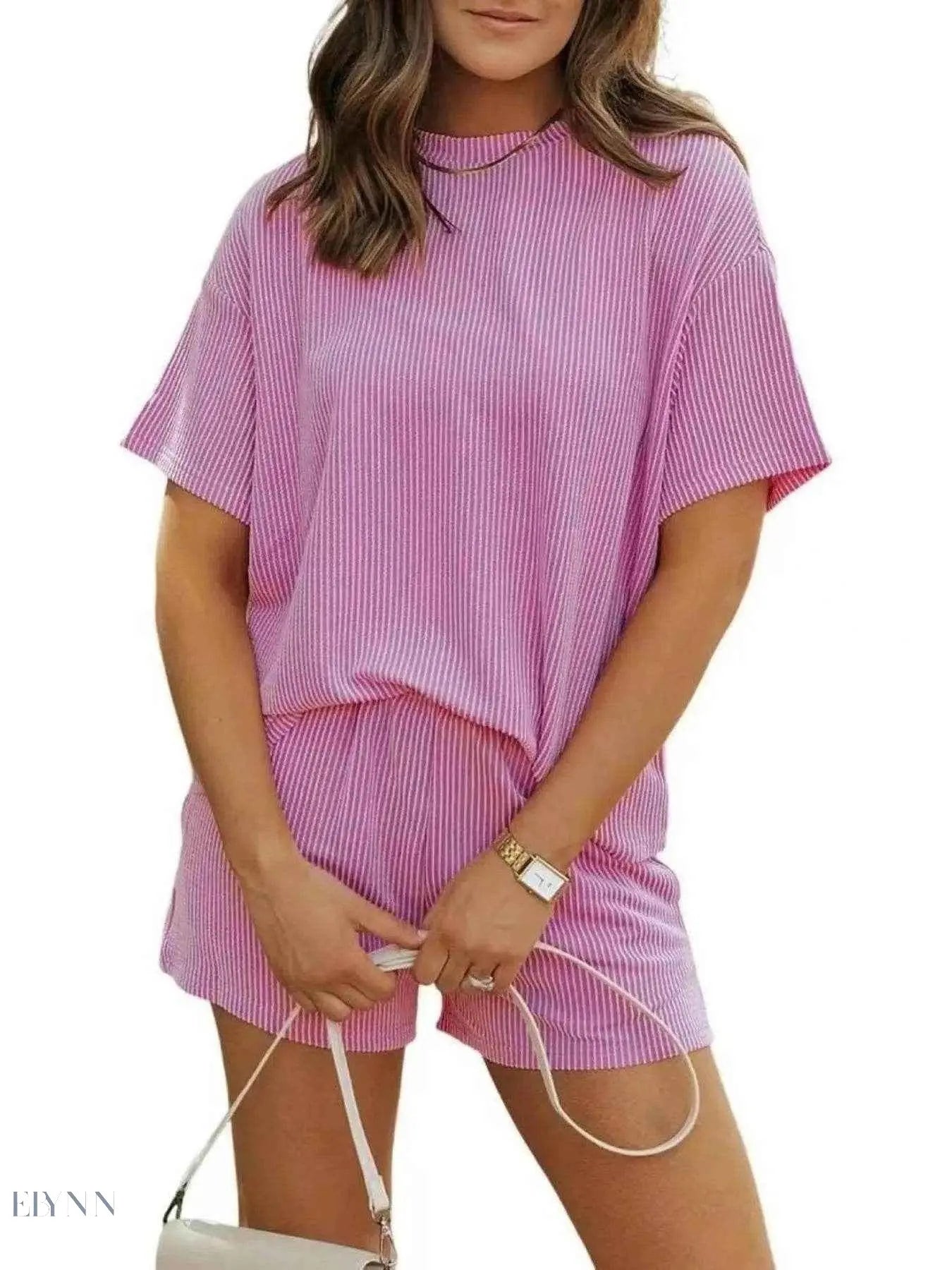 Full Size Ribbed Two-Piece Set: Short Sleeve Top and Shorts - EBYNN