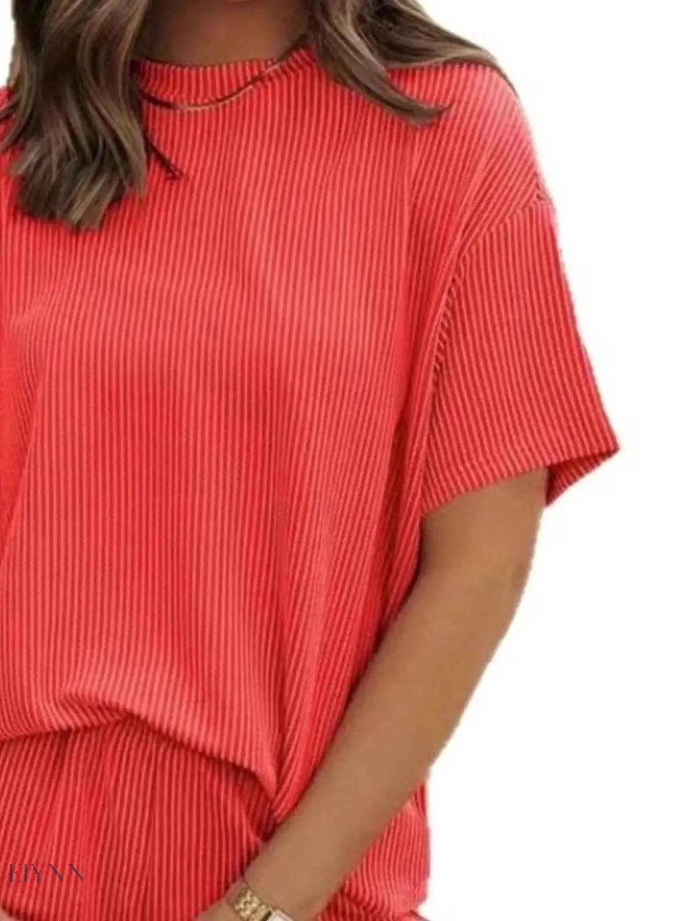 Full Size Ribbed Two-Piece Set: Short Sleeve Top and Shorts - EBYNN