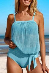 Square Neck Tankini Set with Tie Waist Detail - EBYNN
