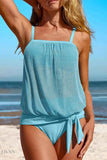 Square Neck Tankini Set with Tie Waist Detail - EBYNN
