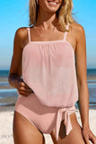 Square Neck Tankini Set with Tie Waist Detail - EBYNN
