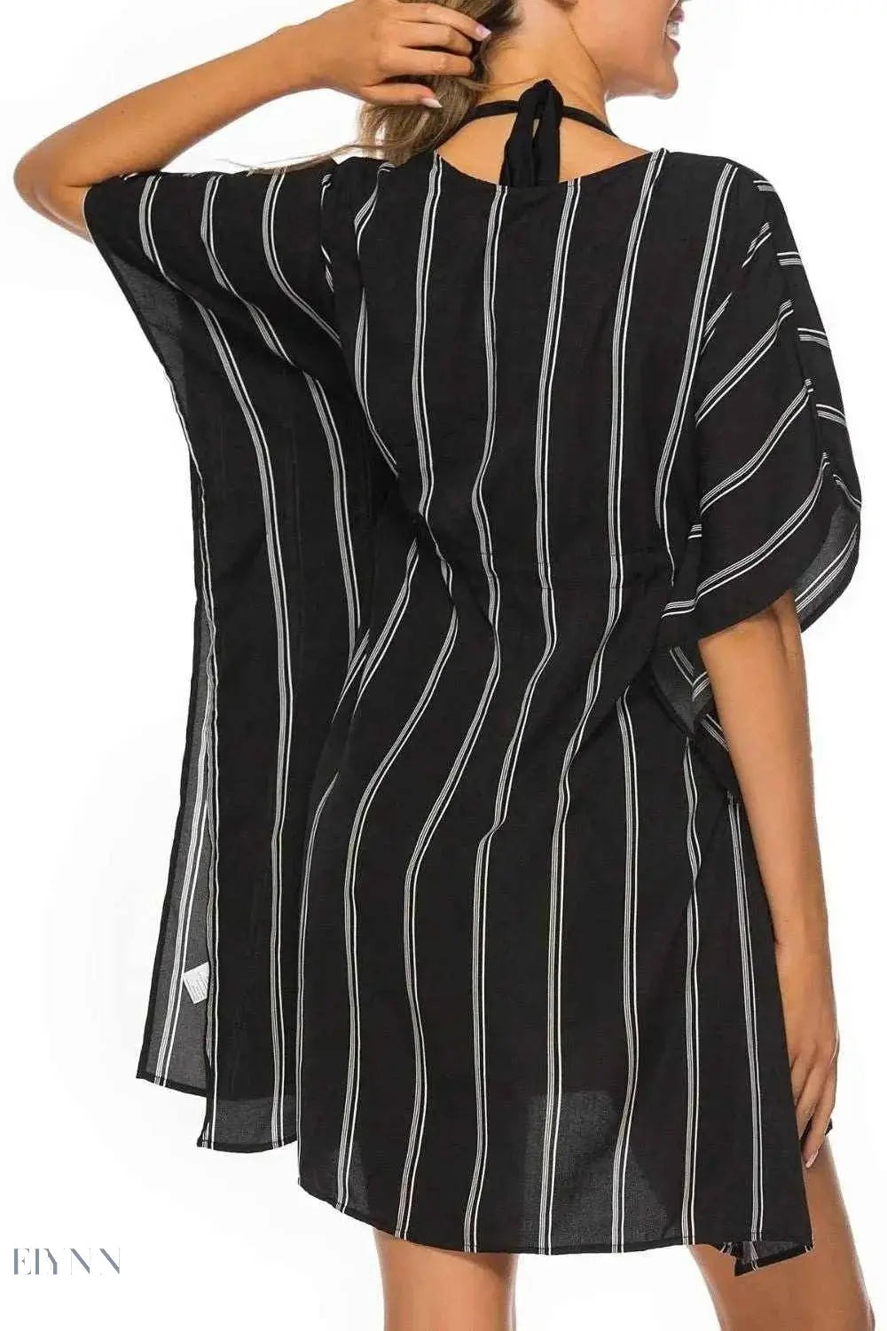 Striped Beach Cover Up with V-Neck and Drawstring - EBYNN