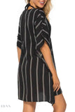 Striped Beach Cover Up with V-Neck and Drawstring - EBYNN