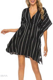 Striped Beach Cover Up with V-Neck and Drawstring - EBYNN