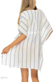 Striped Beach Cover Up with V-Neck and Drawstring - EBYNN