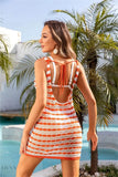 Stylish Summer Crochet Swim Cover Up in Orange and White Stripes, perfect for beach days