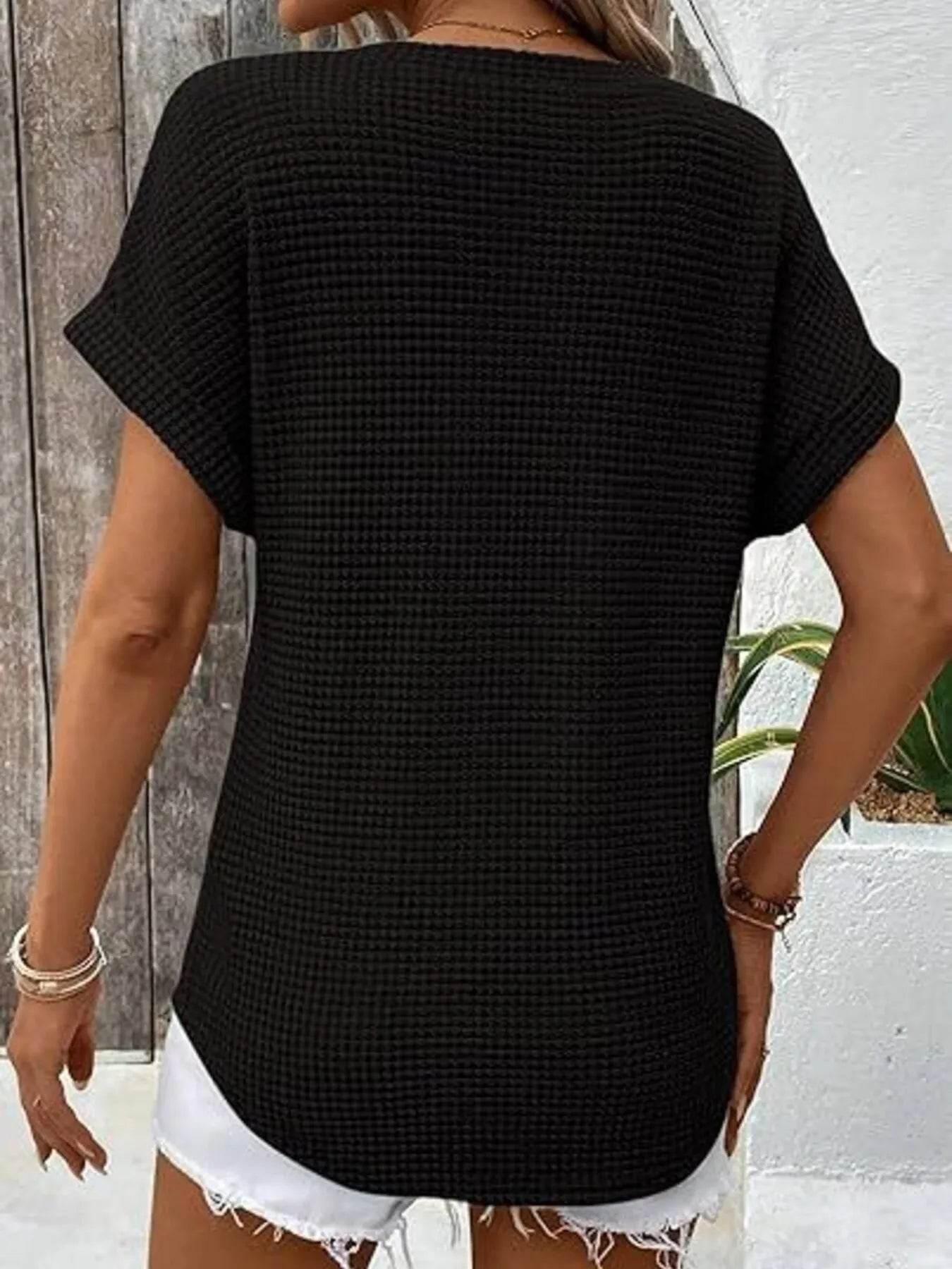 Waffle Knit V-Neck T-Shirt for Casual Comfort and Style - EBYNN