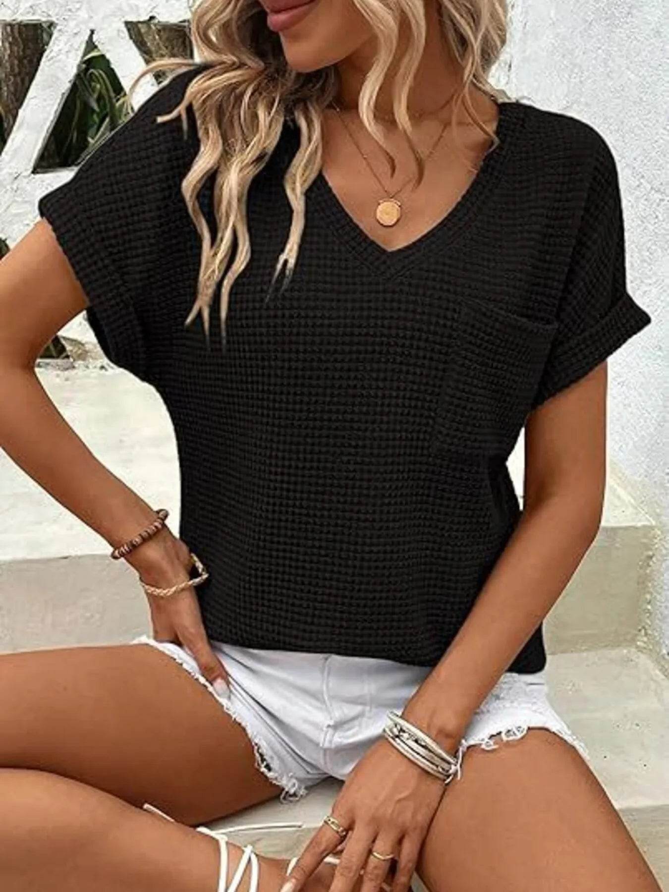 Waffle Knit V-Neck T-Shirt for Casual Comfort and Style - EBYNN