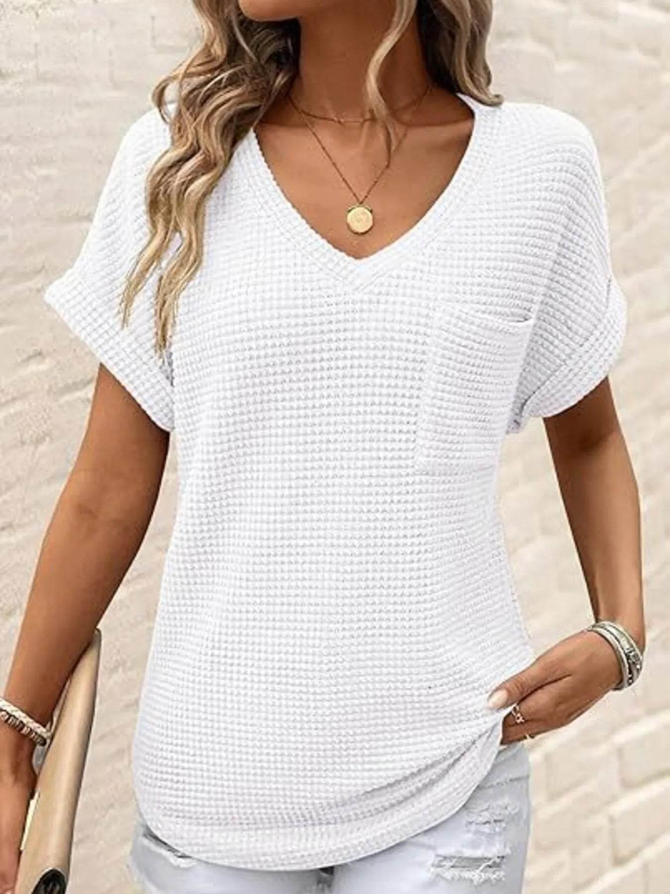 Waffle Knit V-Neck T-Shirt for Casual Comfort and Style - EBYNN