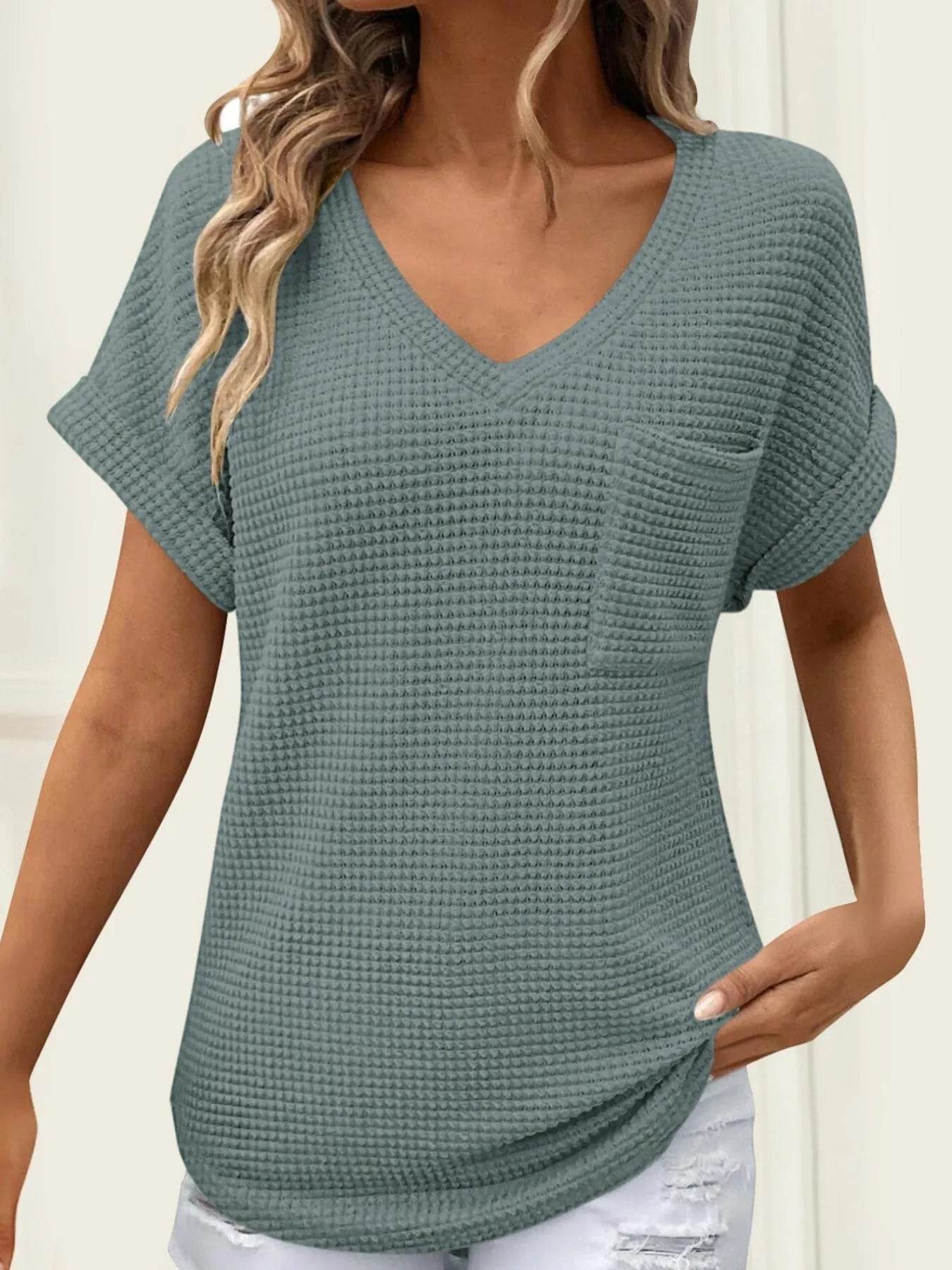 Waffle Knit V-Neck T-Shirt for Casual Comfort and Style - EBYNN