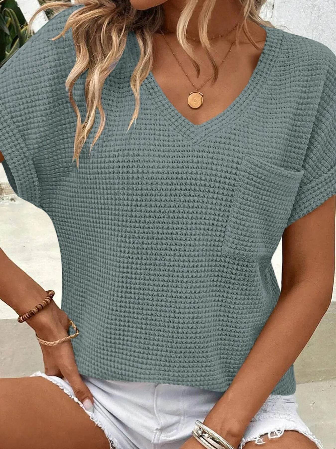Waffle Knit V-Neck T-Shirt for Casual Comfort and Style - EBYNN