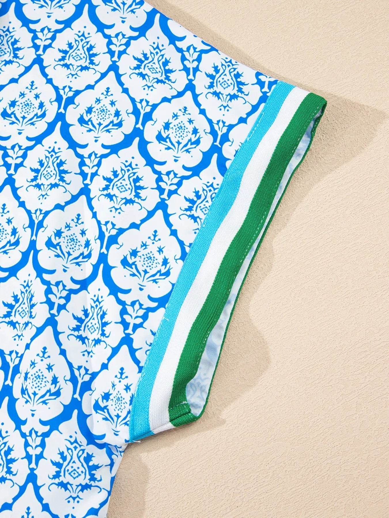 Western Print Blouse for Women with Zipped Collar and Short Sleeves - EBYNN