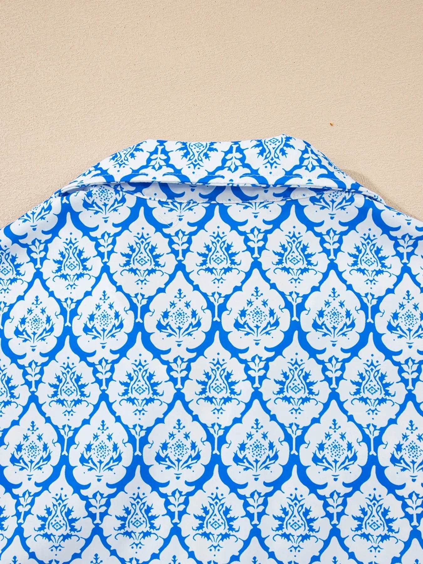 Western Print Blouse for Women with Zipped Collar and Short Sleeves - EBYNN