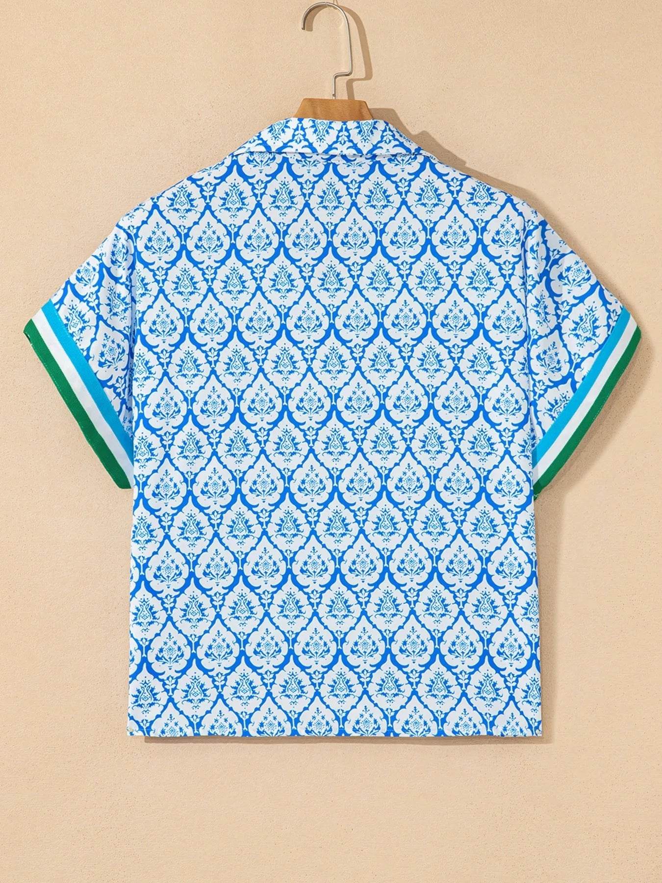 Western Print Blouse for Women with Zipped Collar and Short Sleeves - EBYNN