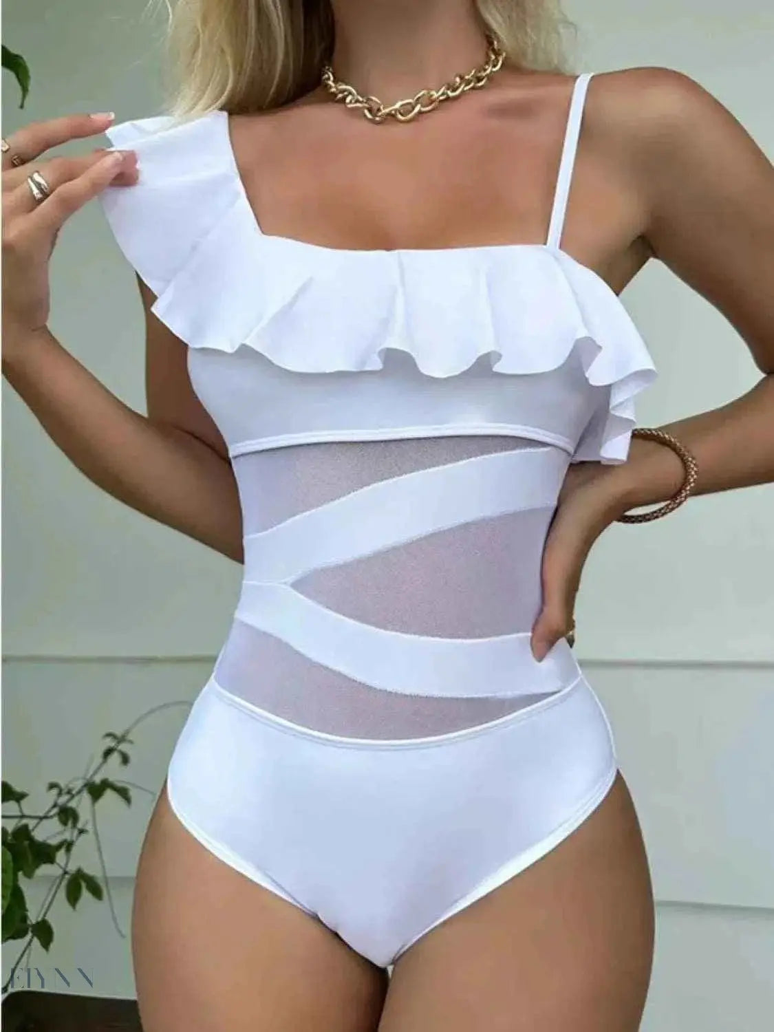 Asymmetrical One Piece Swimsuit with Ruffle Detail - EBYNN