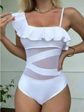 Asymmetrical One Piece Swimsuit with Ruffle Detail - EBYNN
